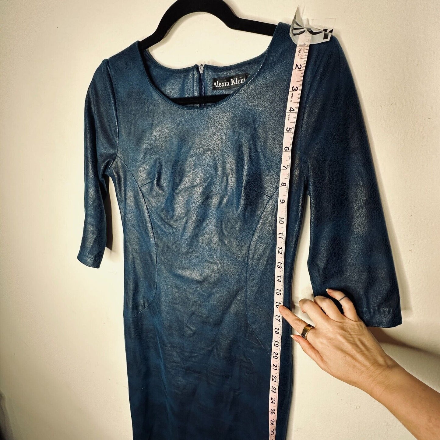 Alexia Klein Blue and Black Print Leather 3/4 Sleeve Round Neck Fitted Dress XS