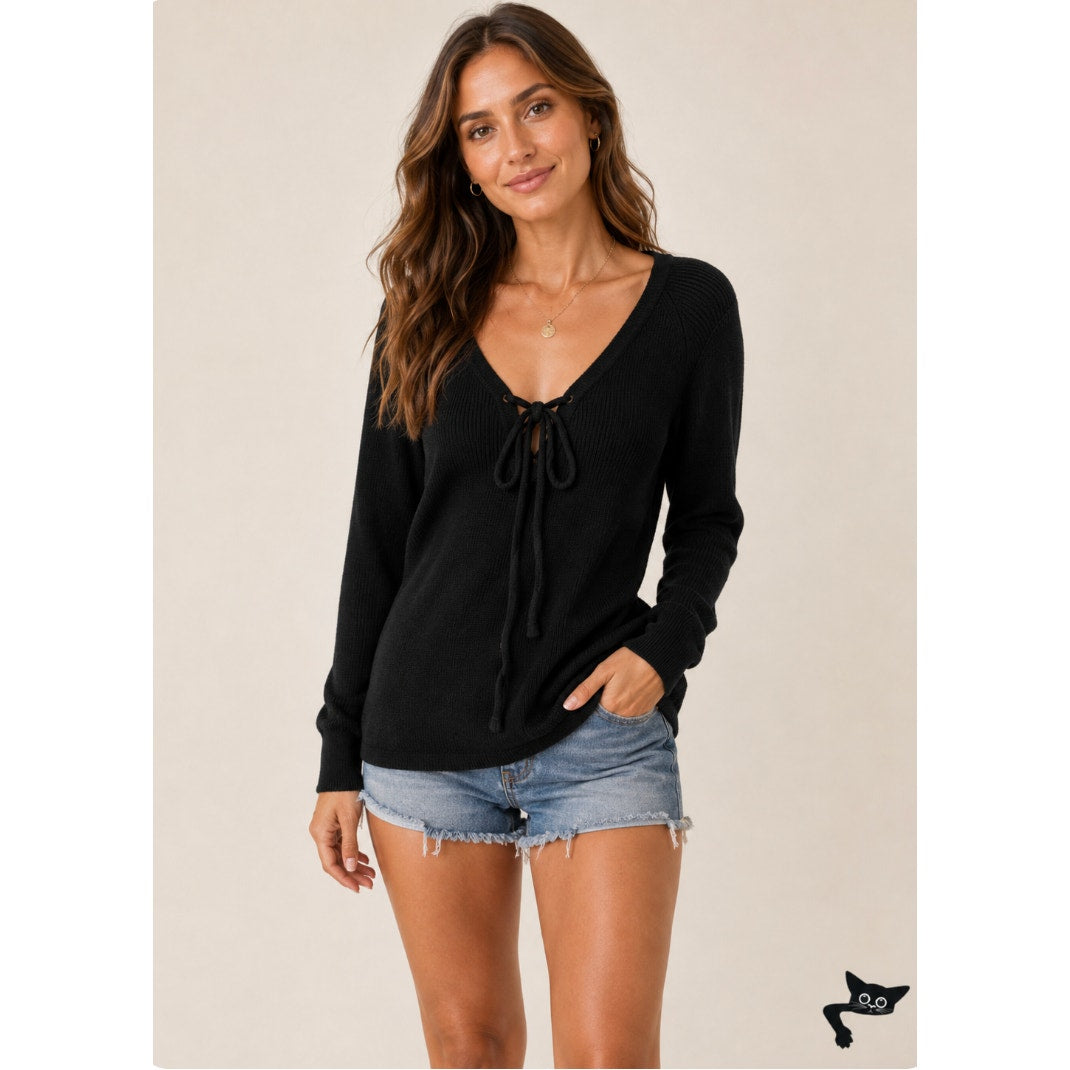 Kontatto Black Long Sleeve Front Tie Lace up V-Neck Long Sleeve Sweater Jumper S