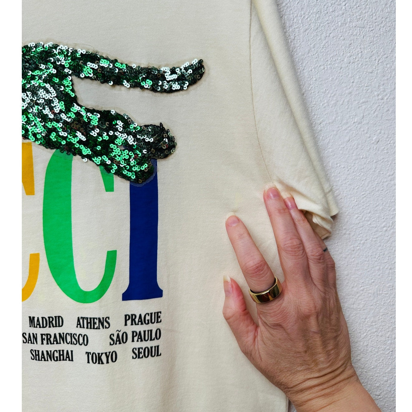 Gucci Sequin Cat Rainbow Logo T-Shirt Cream Unisex US M