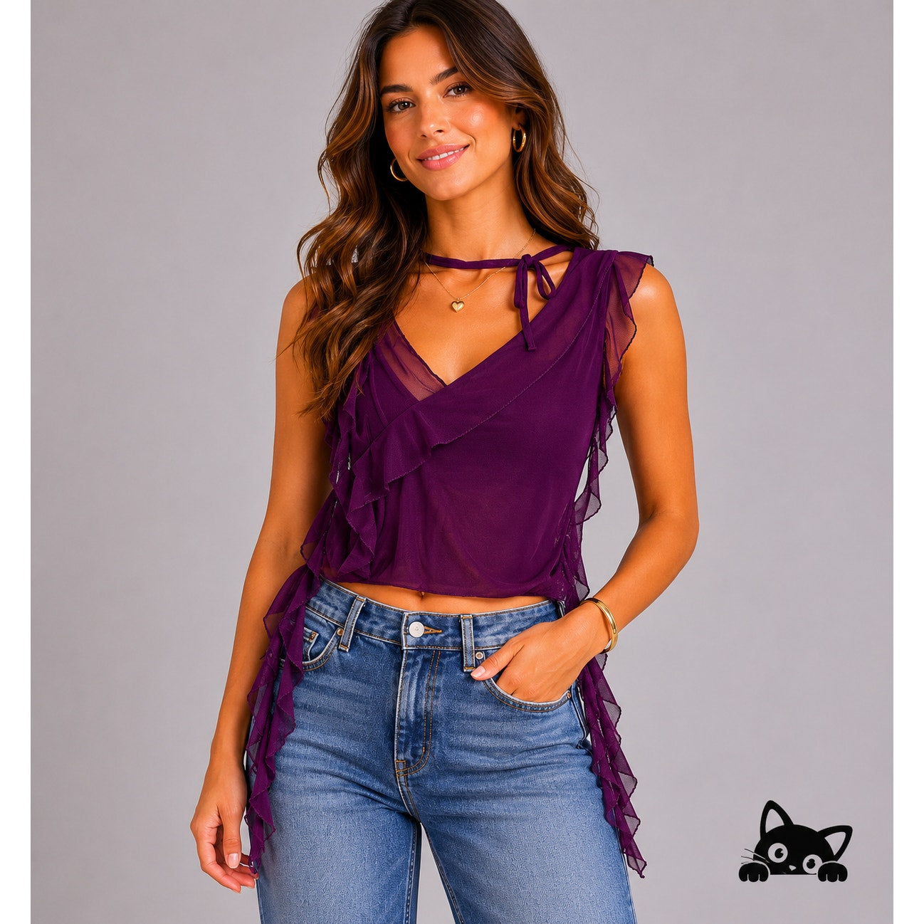 Cider Cute Purple Sleeveless Ruffle Mesh Faux Wrap Tie Neck Blouse Top Small