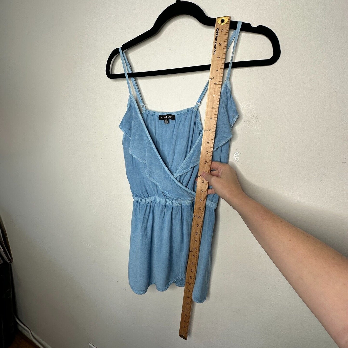 Light Denim Blue Rayon V-Neck Faux Wrap Ruffle Spaghetti Adj Strap Blouse Med