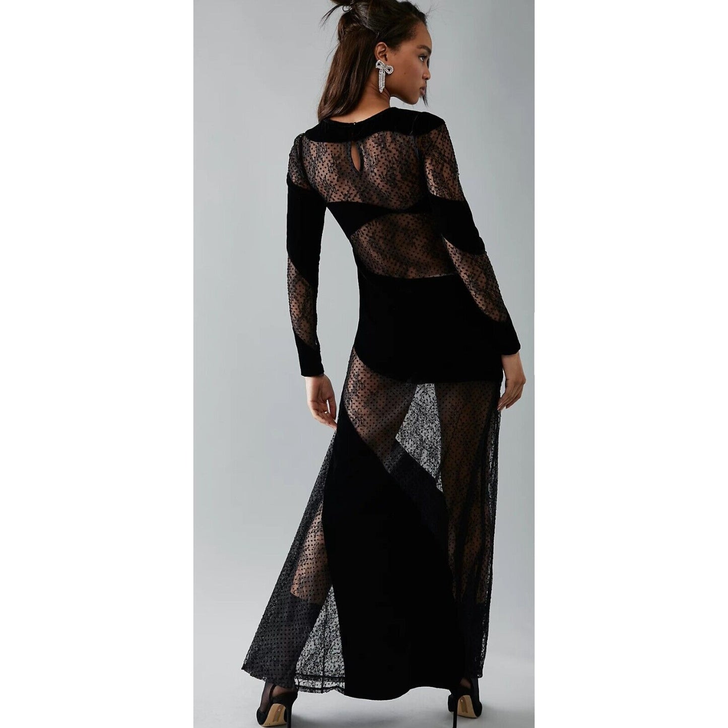 For Love & Lemons Carolyn Sheer Black Velvet Wavy-Flock Dot Lace Panel Dress XS