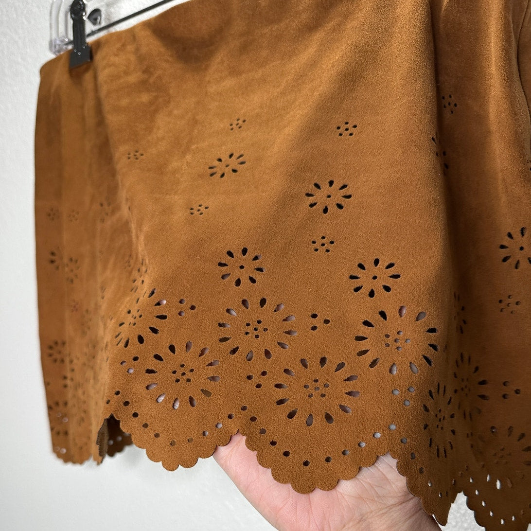 Zara Rust Brown Faux Suede Laser Cut Scalloped Hem Skirt L