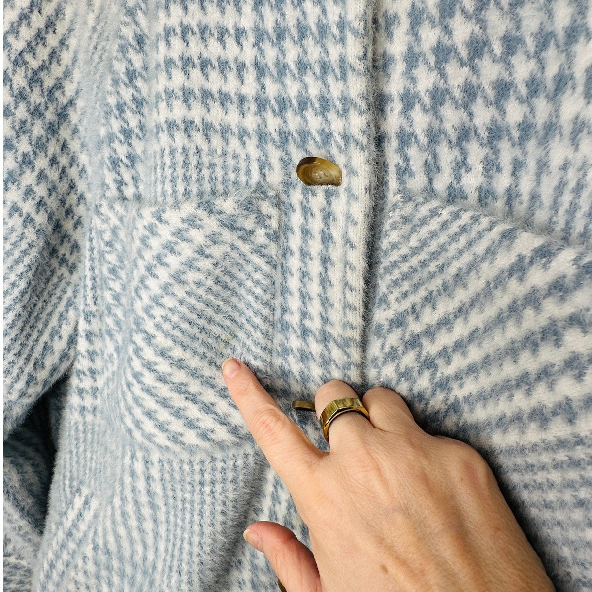 Greylin Blue & White Houndstooth Check Plaid Button Front Collared Jacket L