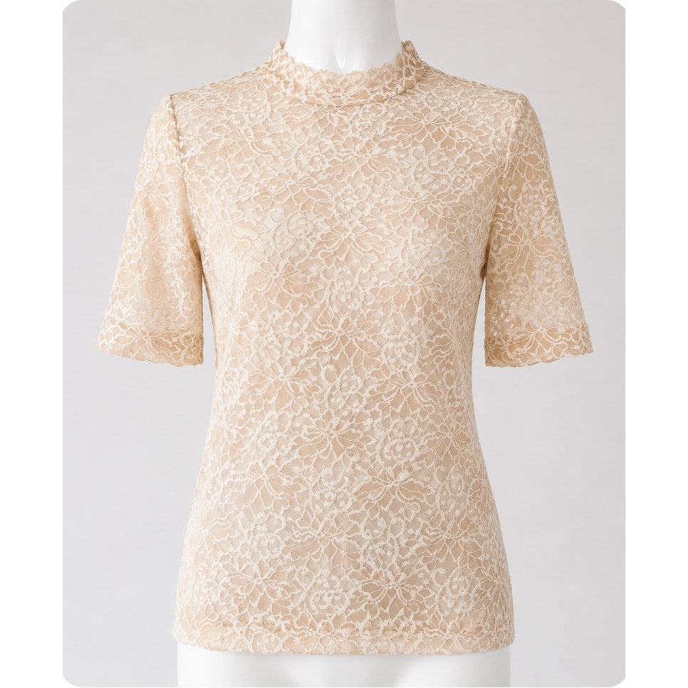 Mock Neck Bell Short Sleeve Blouse Sheer Floral Lace Design M