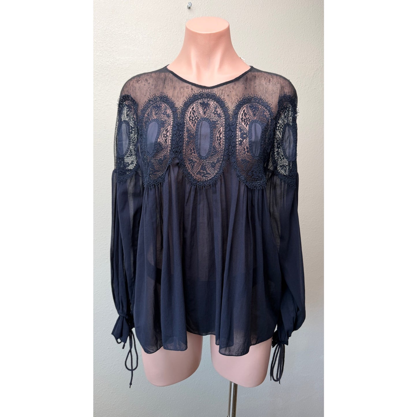 Chloe Womens Navy Lace Mesh Babydoll Blouse US 6