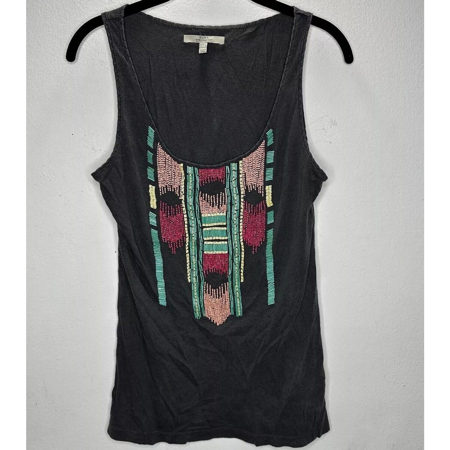 Zara Trafaluc Gray Multicolor Teal Pink Yellow Beaded Aztec Design Tank Top SM