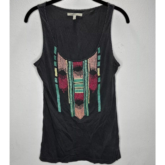 Zara Trafaluc Gray Multicolor Teal Pink Yellow Beaded Aztec Design Tank Top SM