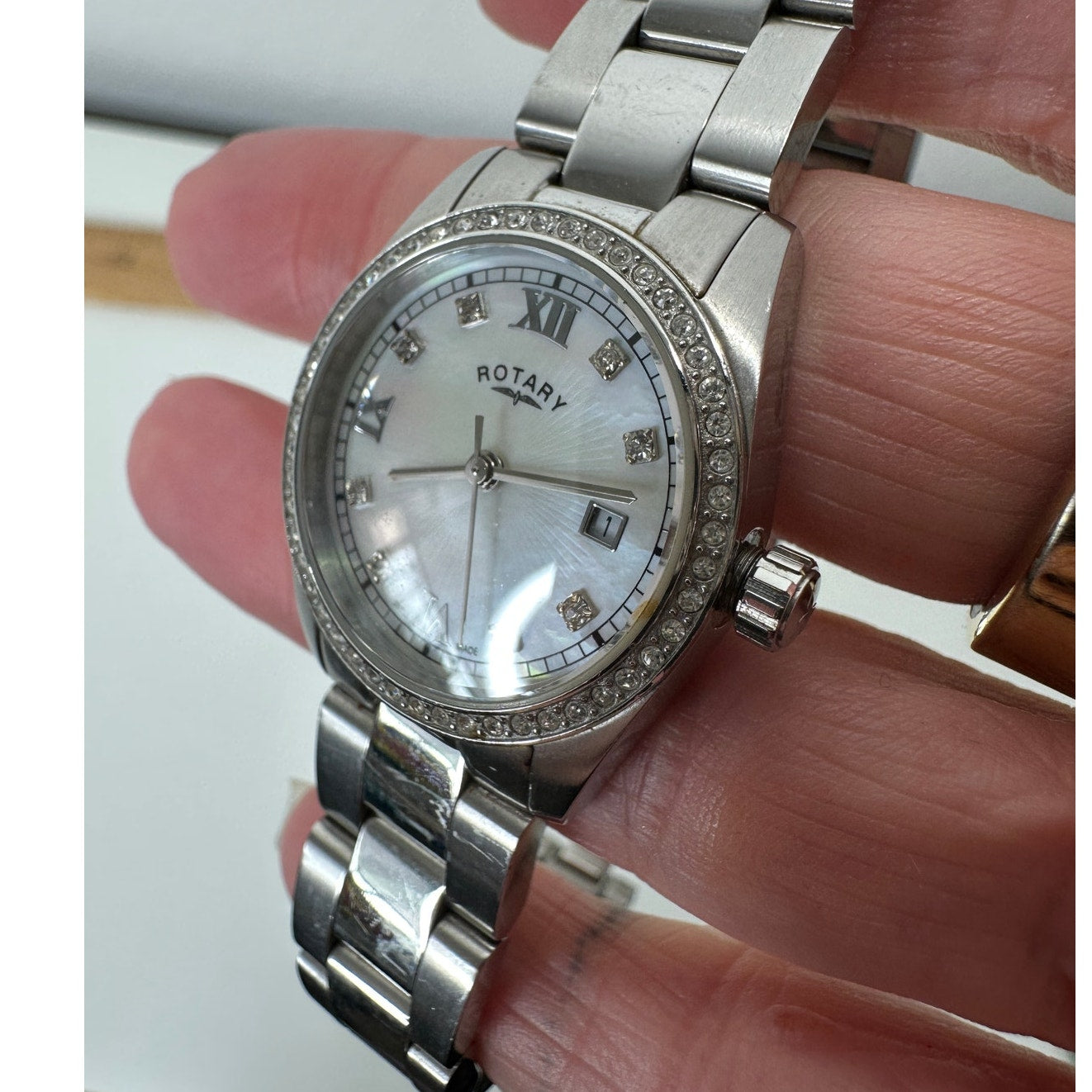 Rotary Havana Silver Diamond Bezel Pearl Face Quartz Watch