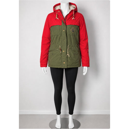 Scotch & Soda Olive Green & Red Front Zip Button Hooded Heavyweight Jacket M