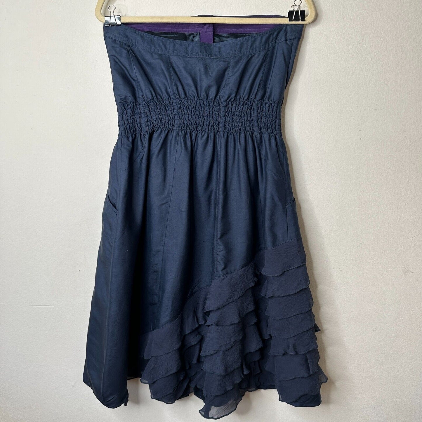 Modern Amusement Cute Strapless Navy Button Down Tiered Ruffle Dress 100% Silk 6