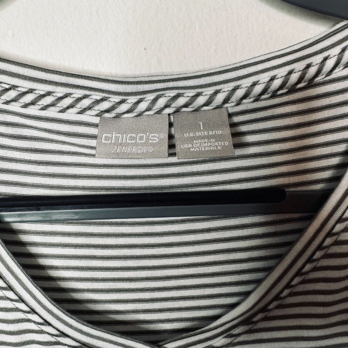 NWT Chico's Zenergy Wild At Heart Olive White Stripe V-Neck Tee  1