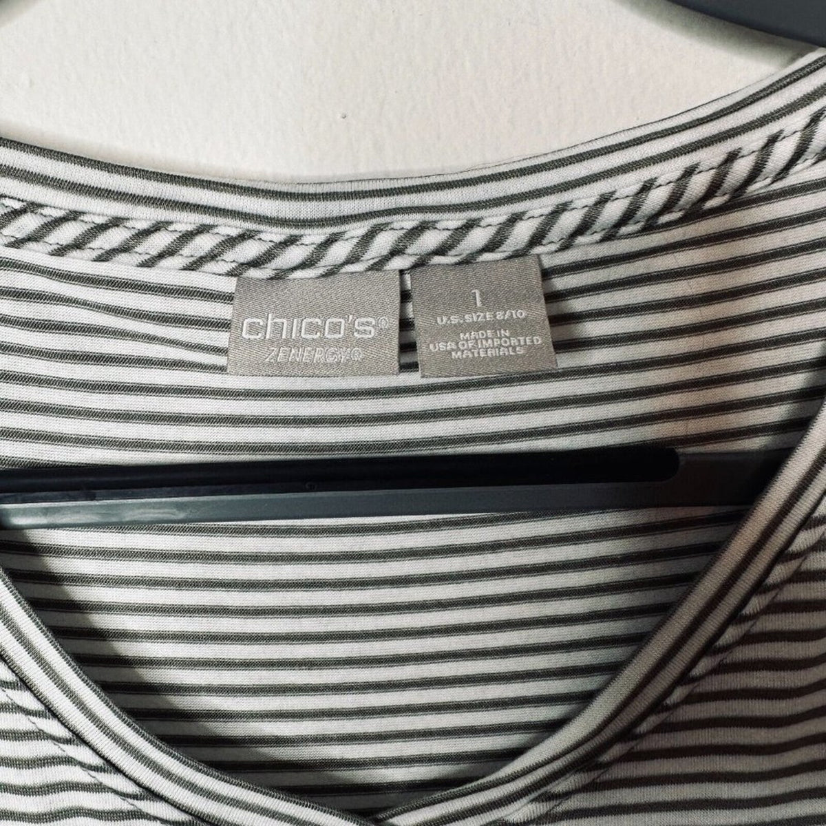 NWT Chico's Zenergy Wild At Heart Olive White Stripe V-Neck Tee  1