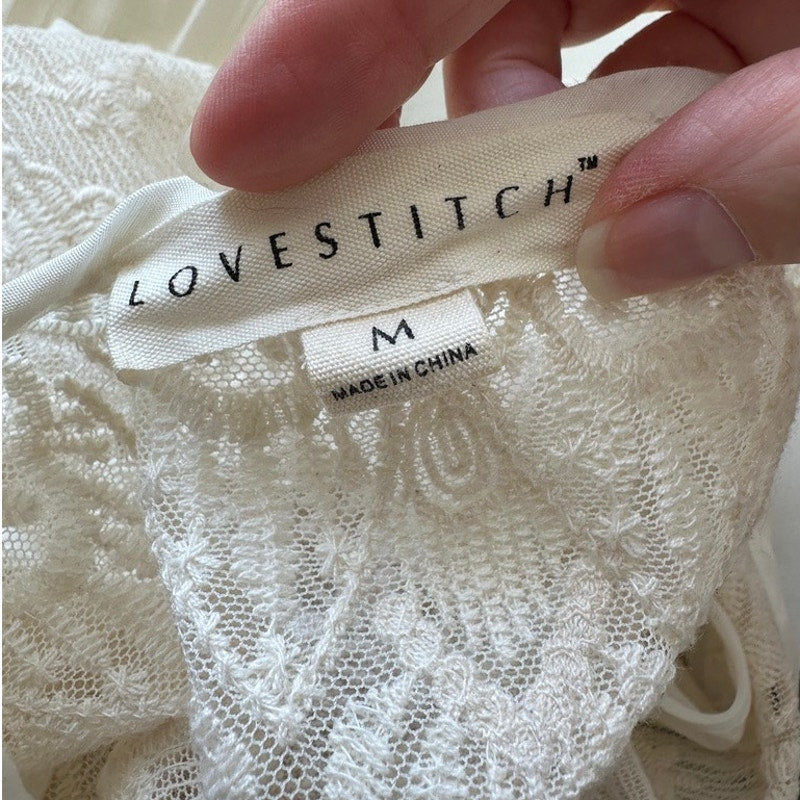 Lovestitch White Ivory Gauze Maxi Dress Lace Racerback Boho Cover Up