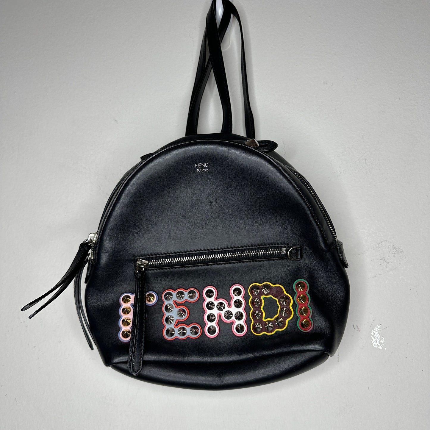 Fendi Roma Mini By The Way Leather Backpack Black Silver Gold Studded Logo Bag