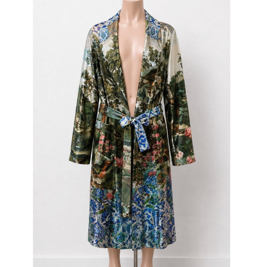 Libertine Ottoman Empire Birds Tie Waist House Coat Long Sleeve Green 3X / XL