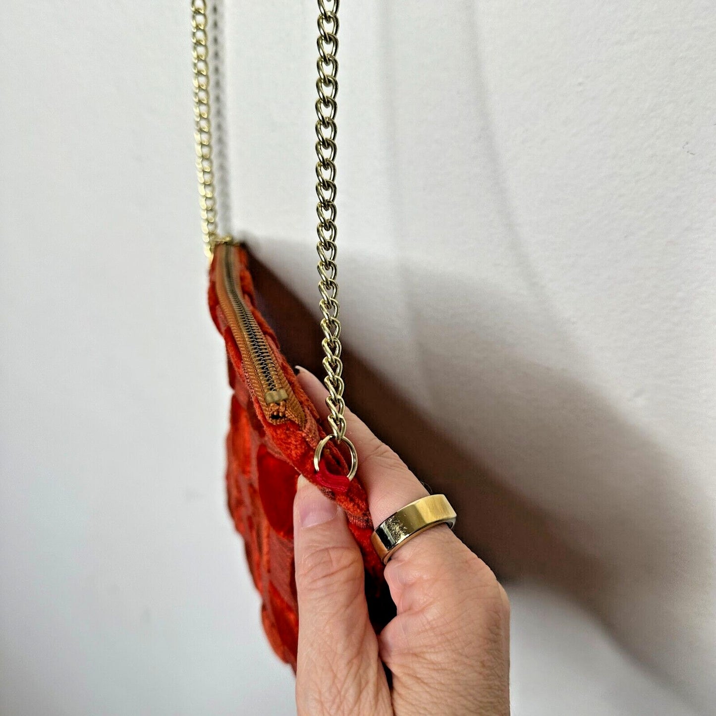 Rust Orange Velvet Checked Gold Chain Strap Zipper Top Slim Mini Purse