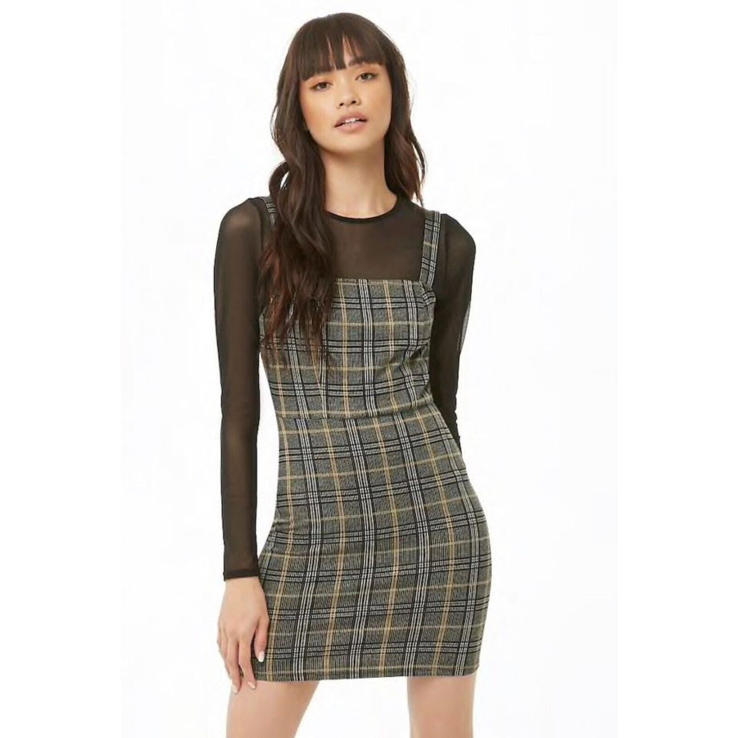 Cute Gold Gray White Black Plaid Sleeveless Knit Jumper Overall Mini Dress Med
