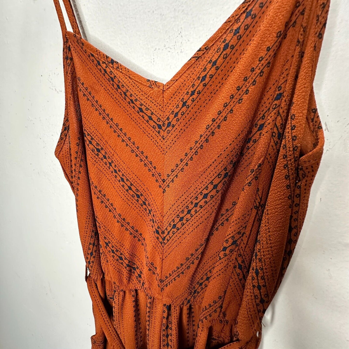 E & M Rust & Black Aztec Print V-Neck Spaghetti Strap Pockets Tie Waist Jumpsuit