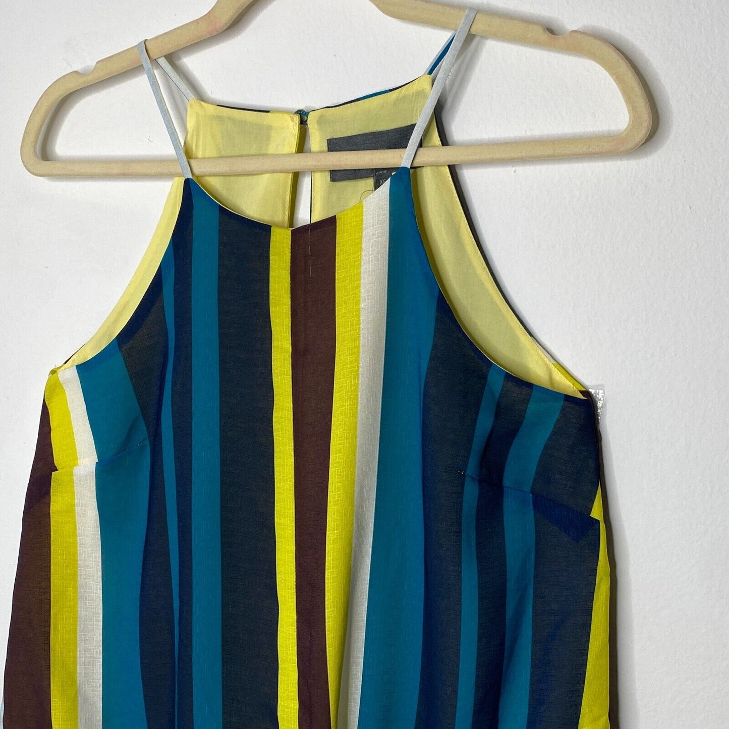 Sunday In Brooklyn Teal Blue & Yellow Black Multi Stripe Front Tie Blouse XS