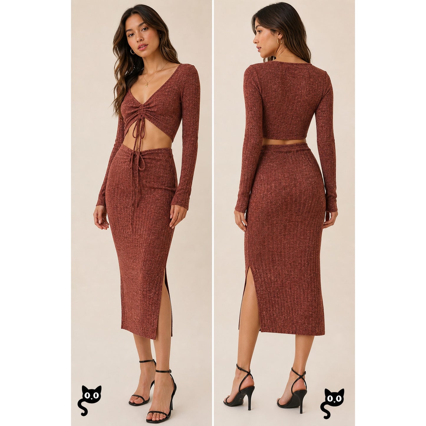Beige Botany Rust Copper 2-Piece Ribbed Knit Skirt + Long Sleeve V Neck Top M