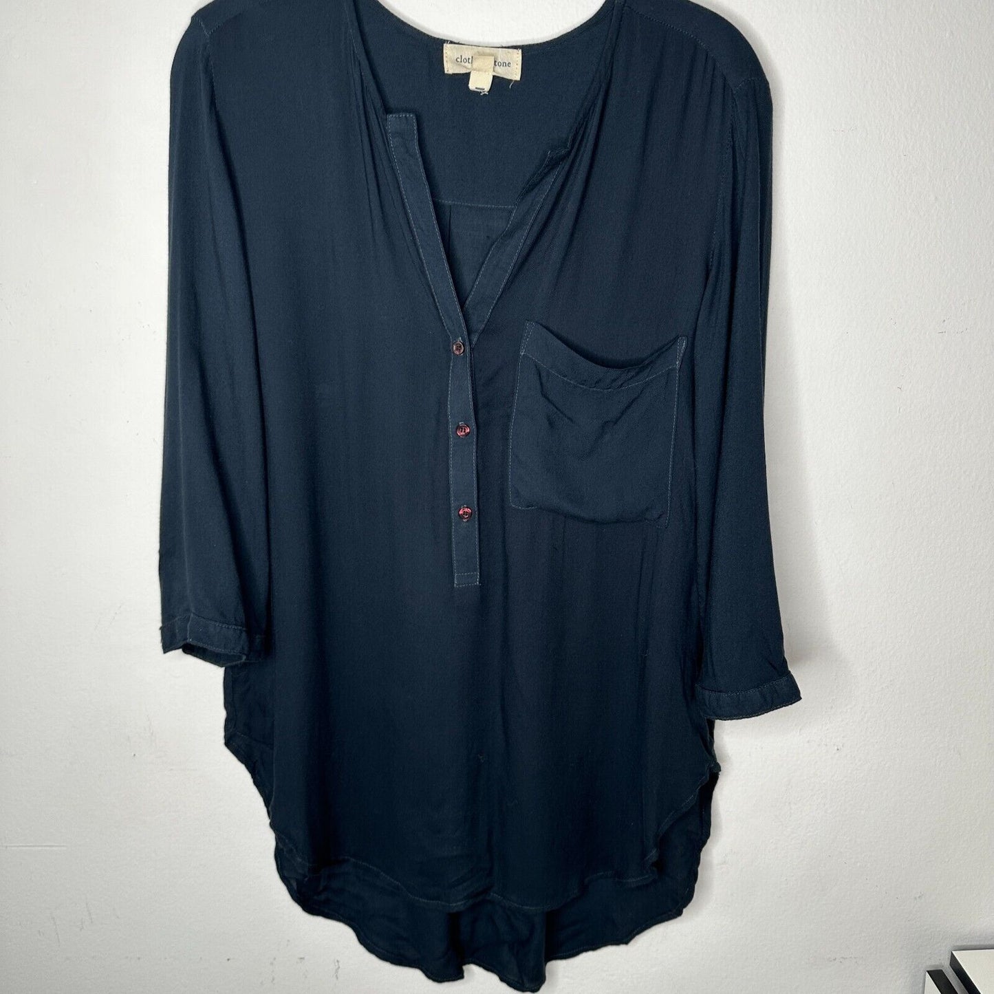 Cloth & Stone Black Henley Half-Button Long Sleeve V-Neck Shirt Tail Hem Top SM