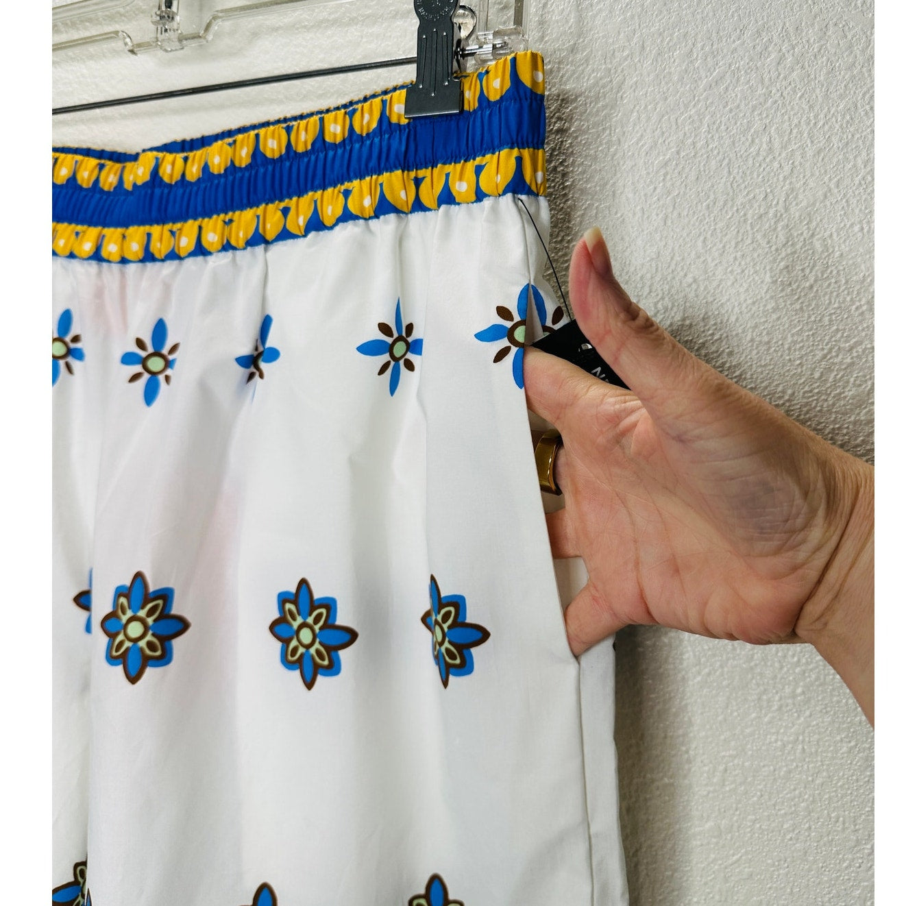 NWT La DoubleJ White Blue Printed Cropped Cotton-Poplin Wide Leg Crop Pant L