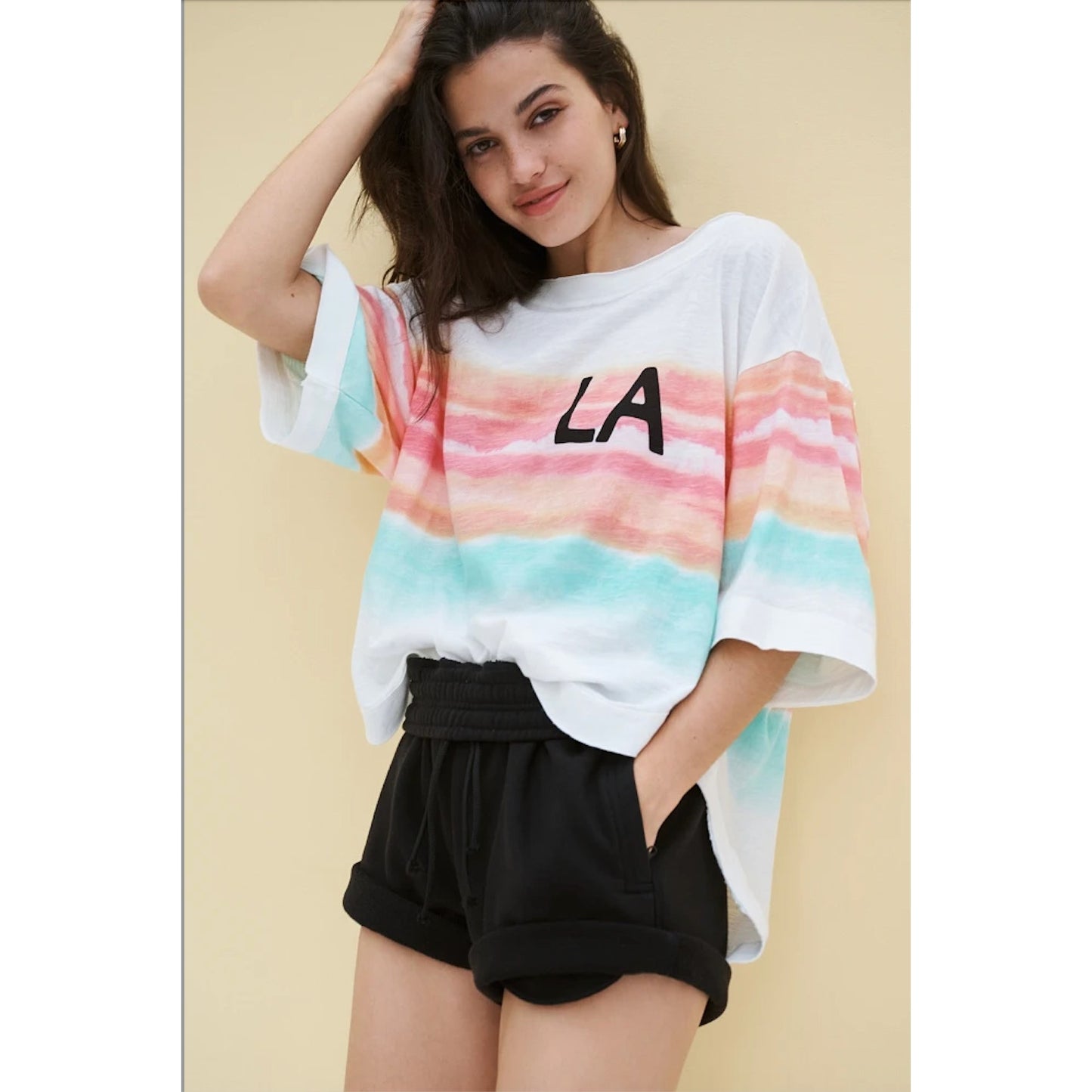 Daily Practice Ivory Peach Teal Striped LA logo High Low Tee XXS