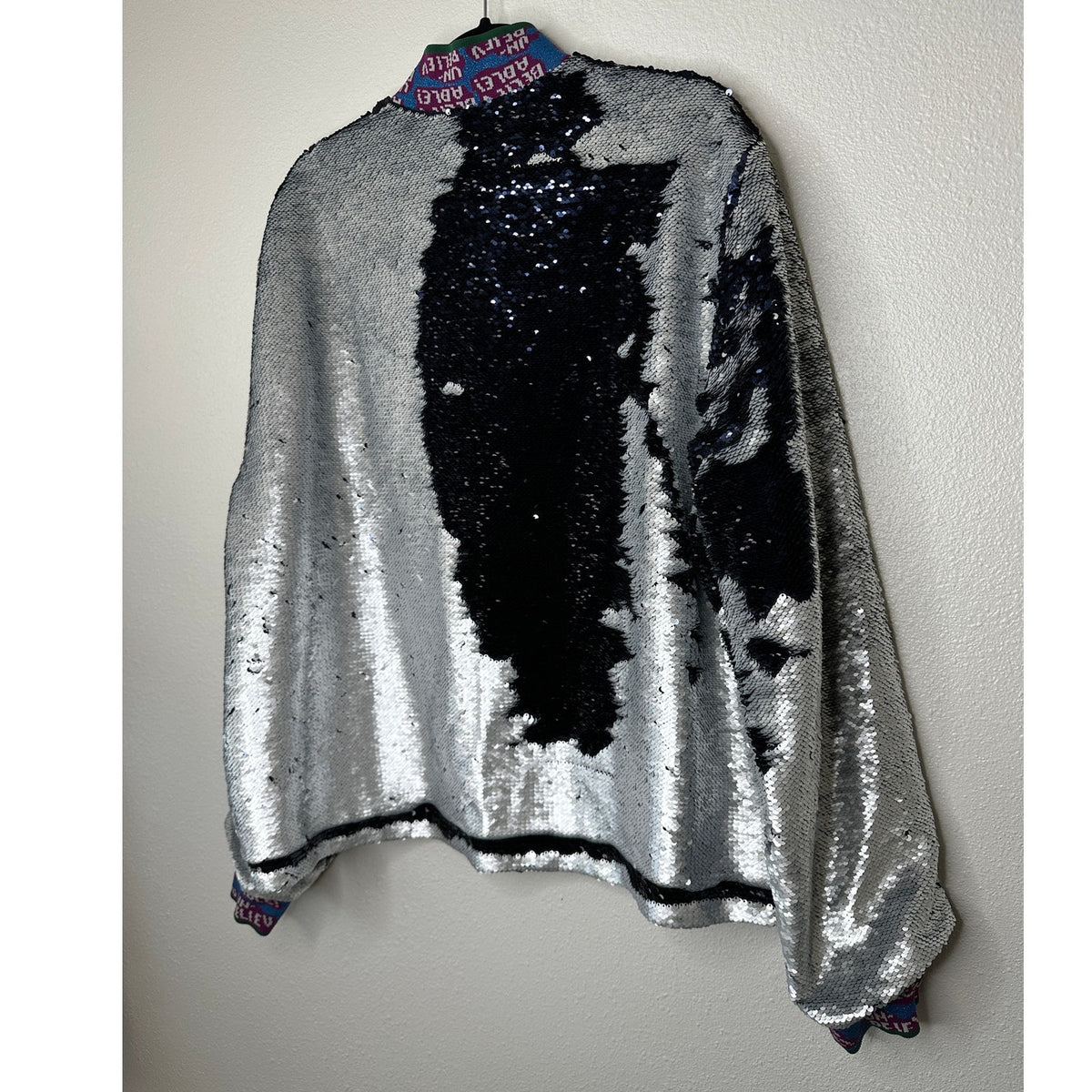 Libertine Silver Black Reversible Sequin Front Zip Long Sleeve Bomber Jacket XL