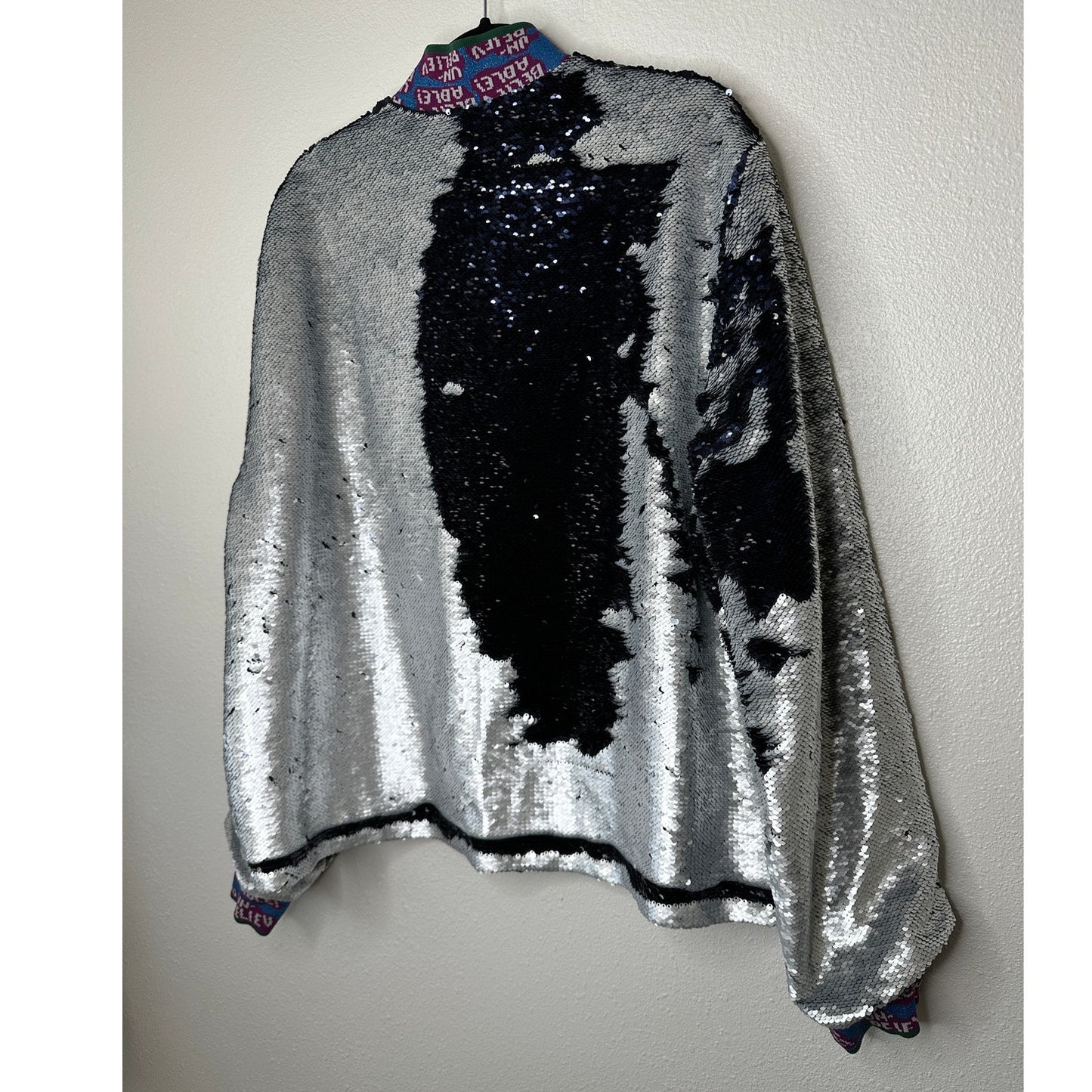 Libertine Silver Black Reversible Sequin Front Zip Long Sleeve Bomber Jacket XL