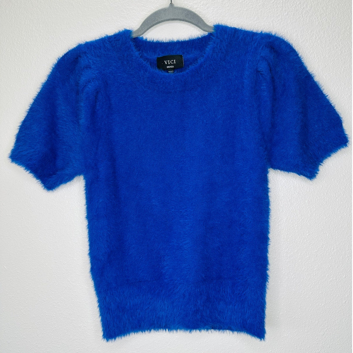 NWT VICI Emanuelle Royal Blue Fuzzy Short Sleeve Sweater Top S