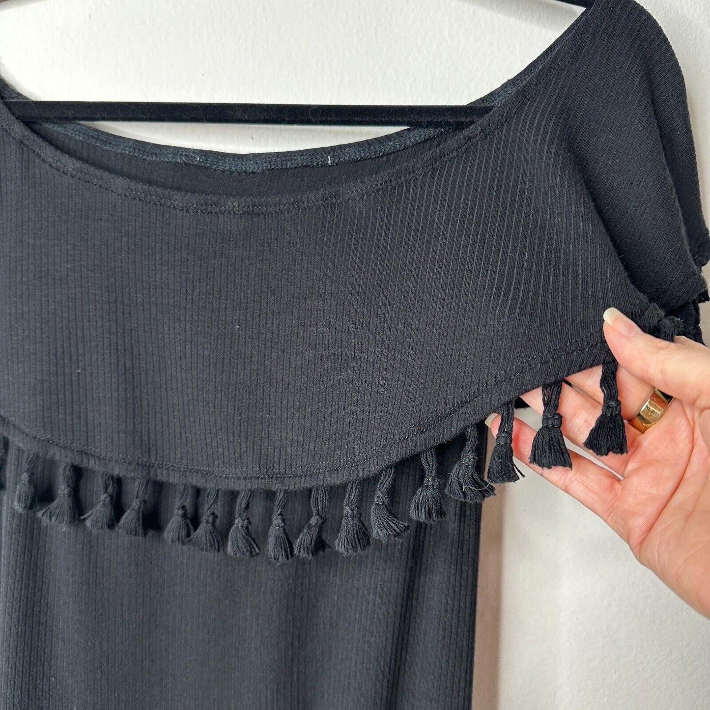 Revolve EastNWest Black Cabo Ribbed Tassel Hem Detail Off-Shoulder Mini Small
