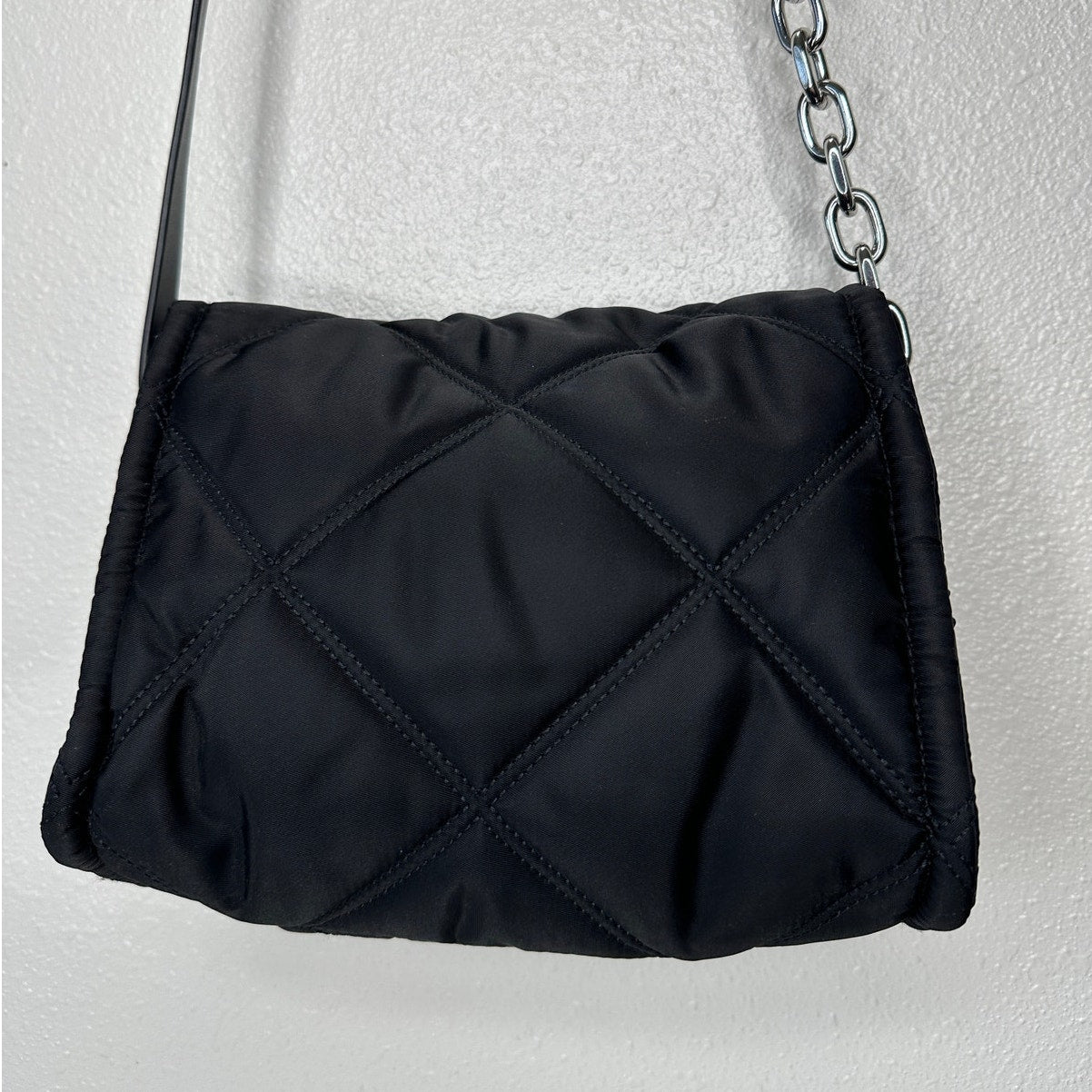 BYL Small Black Padded Nylon Crossbody Bag Leather & Chain Strap