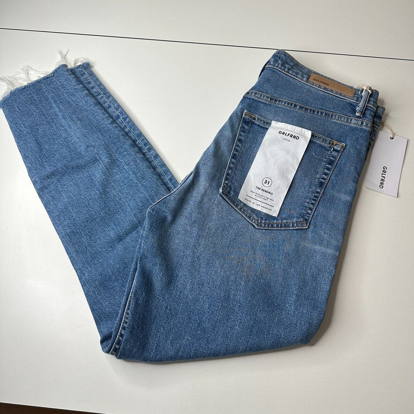 NWT GRLFRND Kendall Med Wash Amelia Distress Knee High Waist Raw Hem Jeans 31