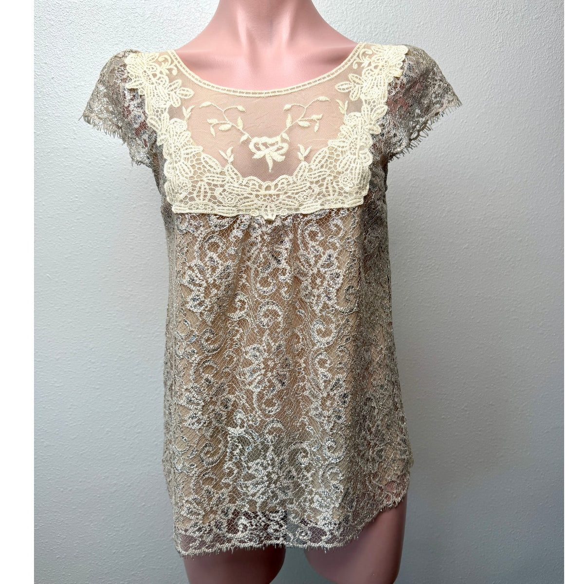 HD in Paris Metallic Silver Floral Lace Cap Sleeve Blouse Women's US 2