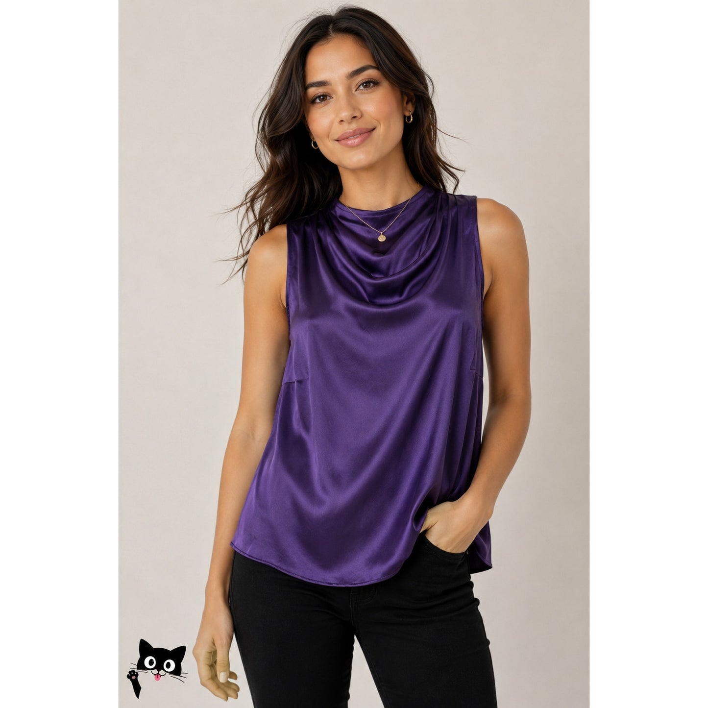 Nation Dark Purple Satin Mock Neck Sleeveless Keyhole Back Blouse S
