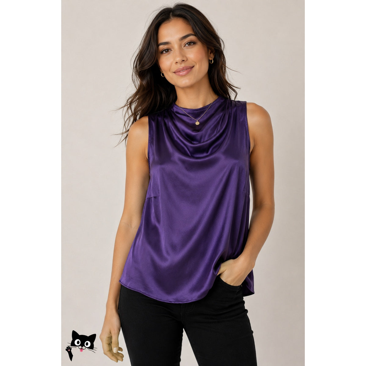 Nation Dark Purple Satin Mock Neck Sleeveless Keyhole Back Blouse S