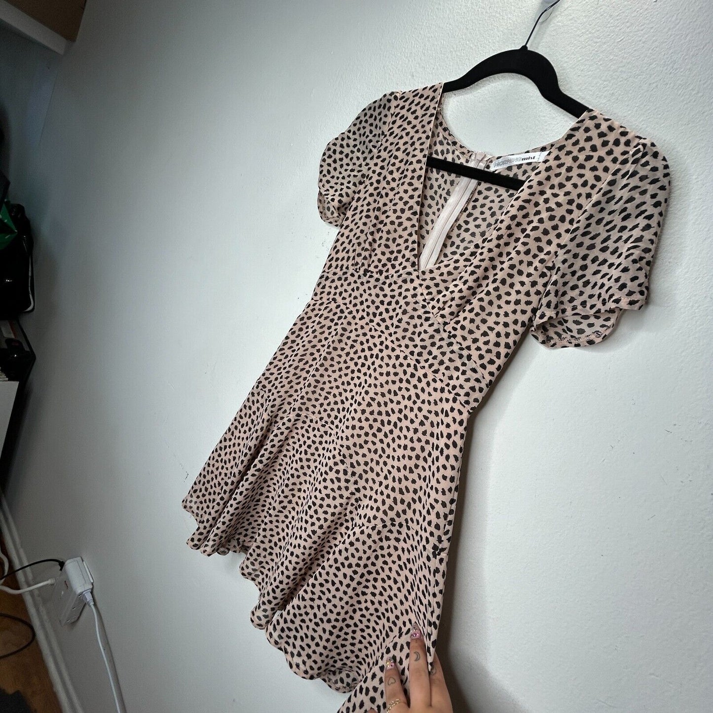 Morning Mist Peach Black Polka Dot Splotch Lined VNeck Short Sleeve Mini Dress S