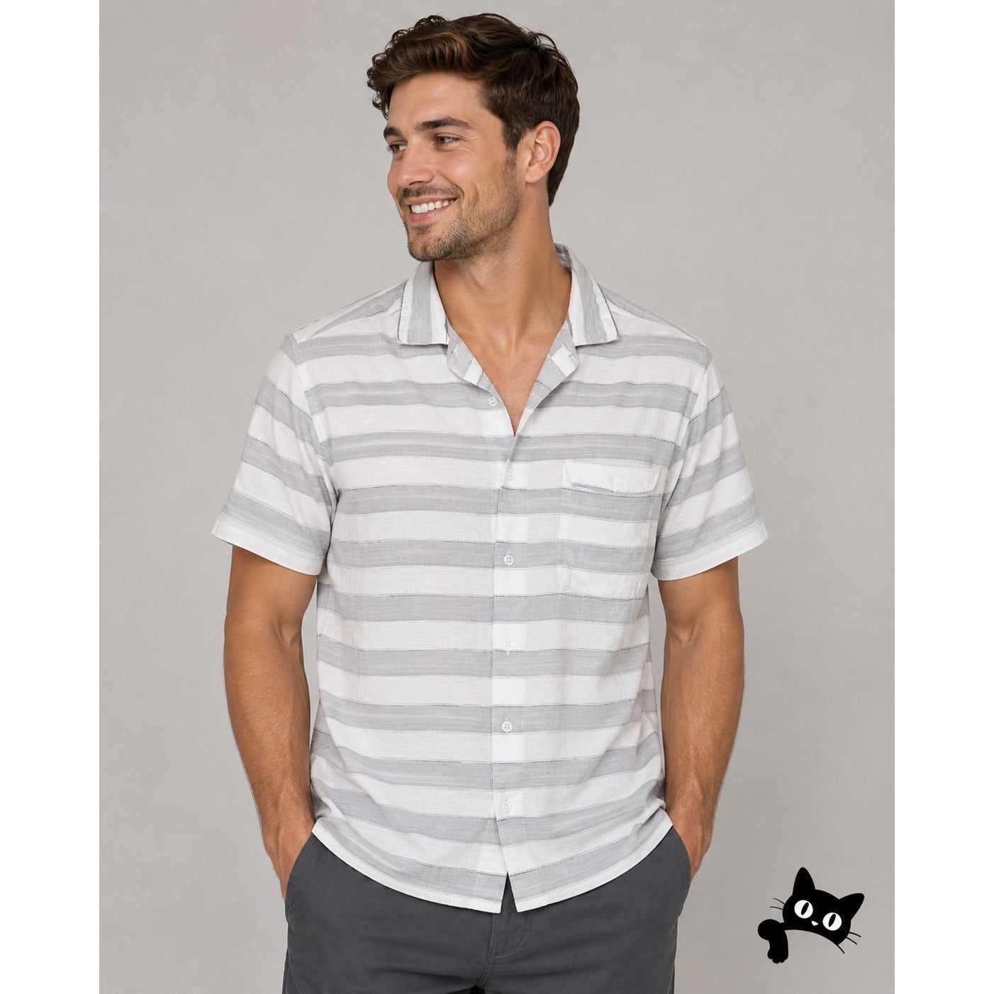 Dev Imports Men's Casual Short Sleeve Button Down White Gray Stripe Polo Shirt L