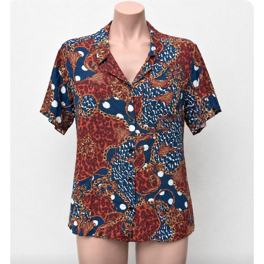 Inamorata Burgundy Leopard-Link Short Sleeve Button Down El Camino Shirt XS / S