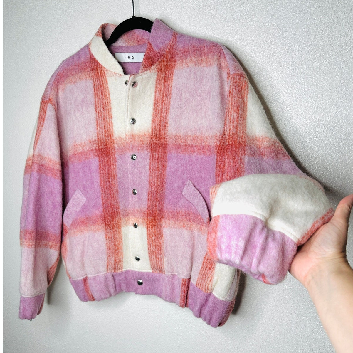 IRO Lahiana Biker Jacket Pink Tartan Plaid Long Sleeve Wool Bomber 40 / M