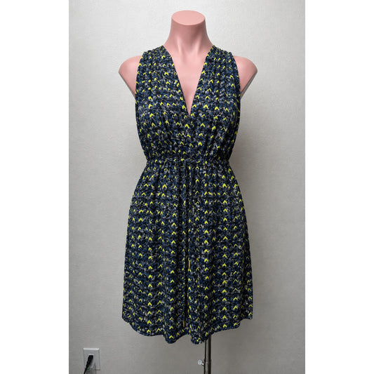 Aqua Florescent Yellow Blue Gray Print Faux Wrap Dress XS