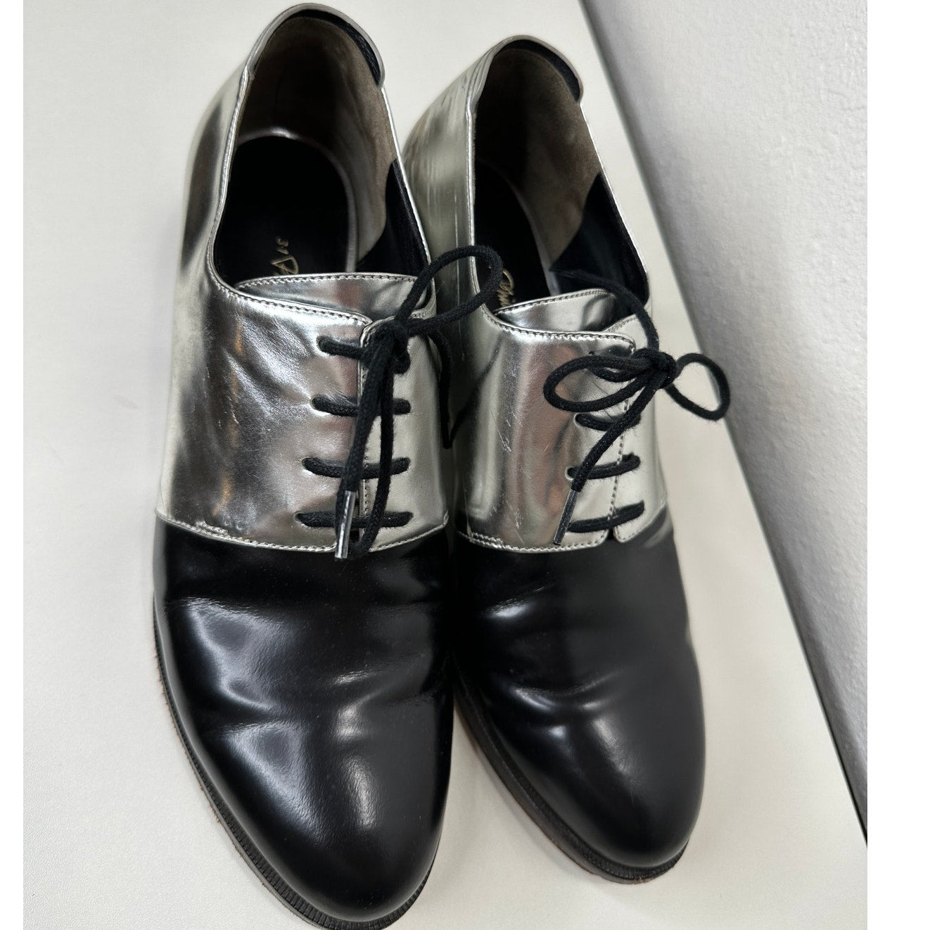 3.1 Phillip Lim Jillian Metallic Silver Shiny Black Oxford Tie Shoe 38 / 7.5