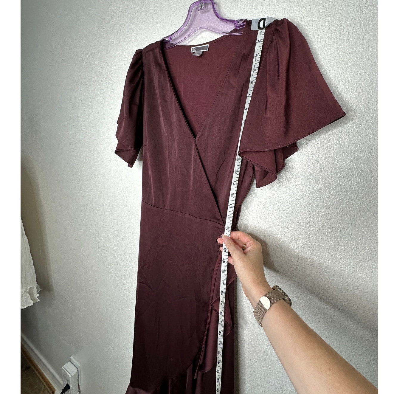 Chelsea28 Burgundy Maroon Flutter Sleeve Ruffle V-Neck Wrap Dress S