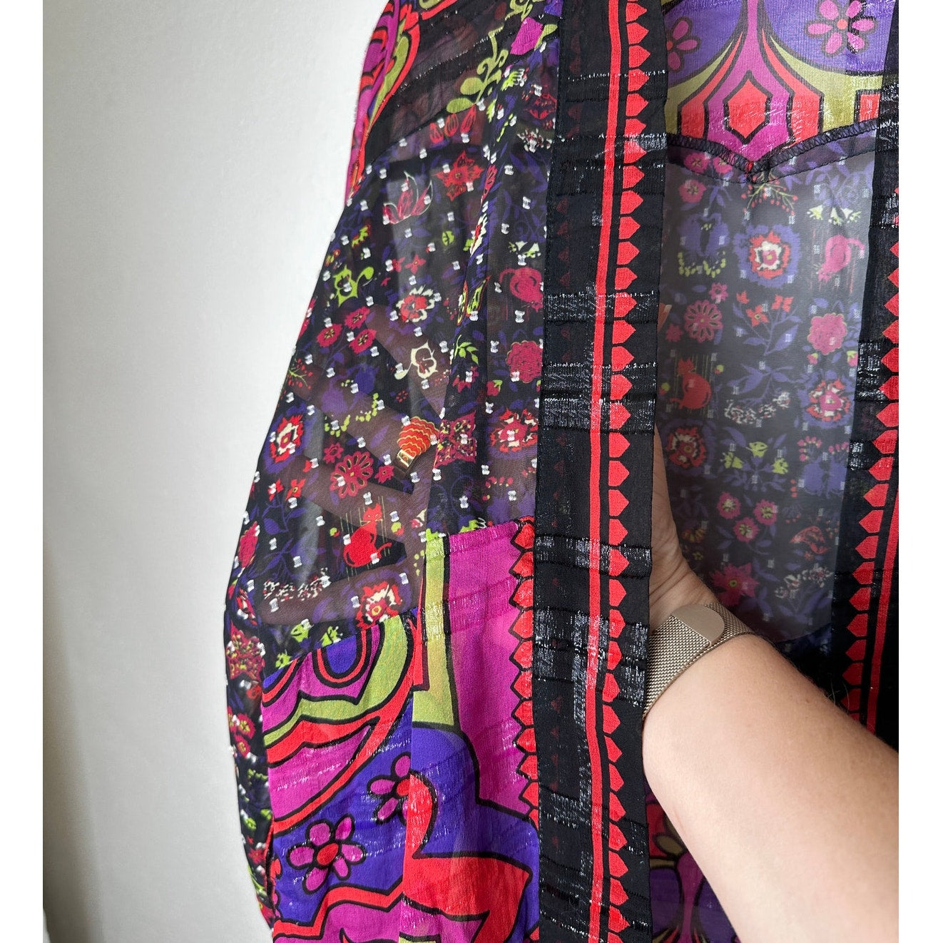 Anna Sui Multicolor Pink Black Purple Sheer Shimmer Floral Paisley Kimono M / L