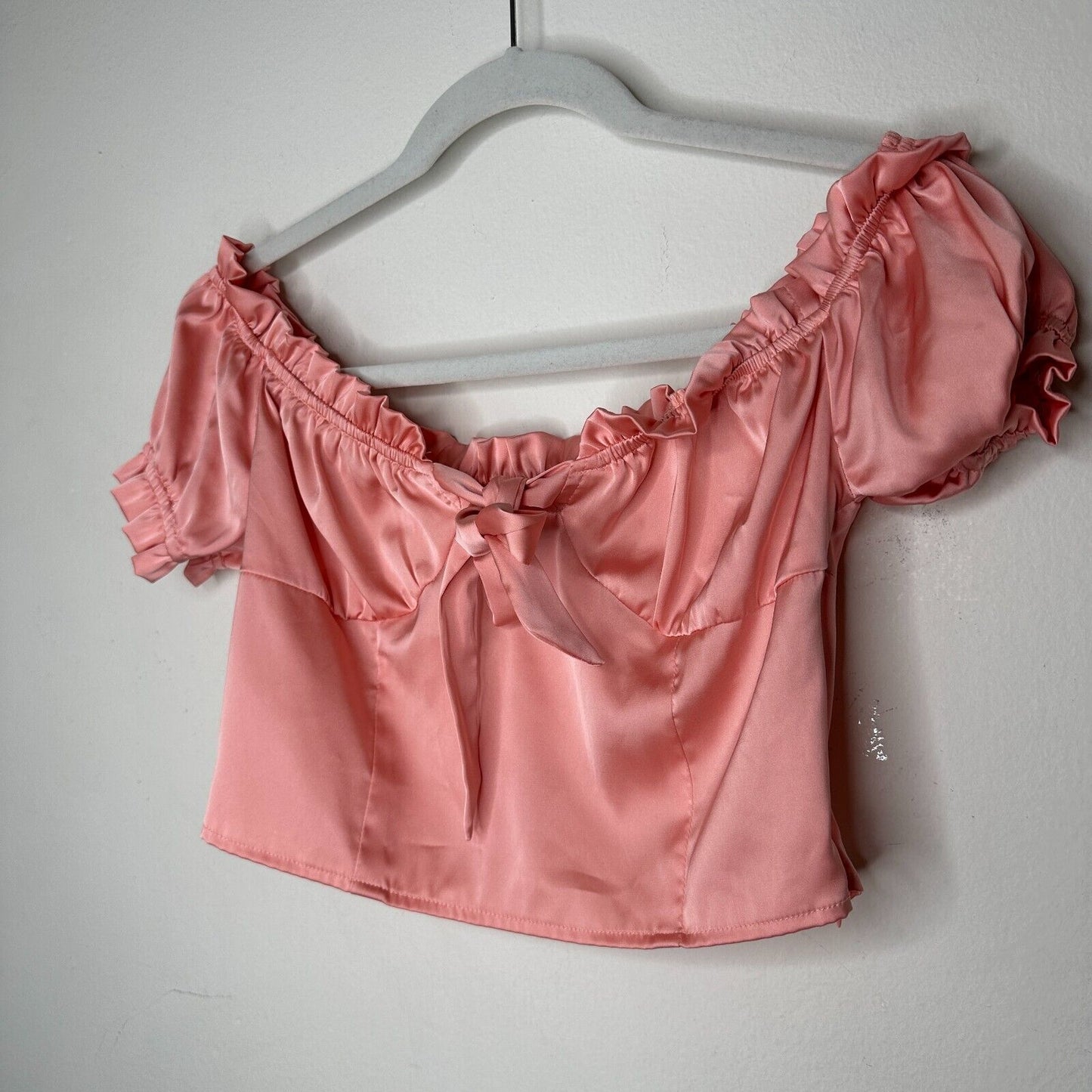 Nasty Gal Peachy Pink Satin Bodice Off Shoulder Crop Tie Close Ruffle Edge Top 6