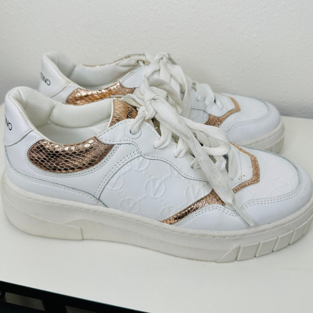 Valentino Minerva Monogram White & Rose Gold Leather Lace Sneaker 9