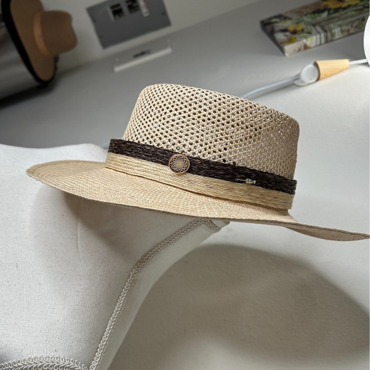 Temple Tan & Brown Basket Weave Rattan Wide Brim Hat Embellished Dark Brown Band