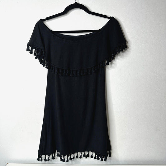 Revolve EastNWest Black Cabo Ribbed Tassel Hem Detail Off-Shoulder Mini Small