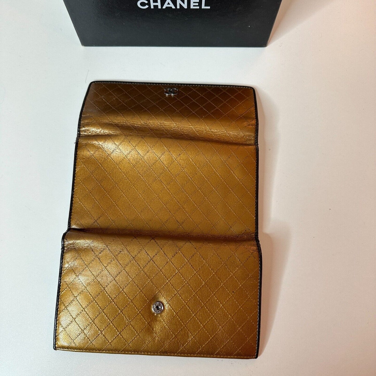 Authentic Chanel Tri-Fold Wallet Gold & Black Interior Trim Leather gold CC Logo